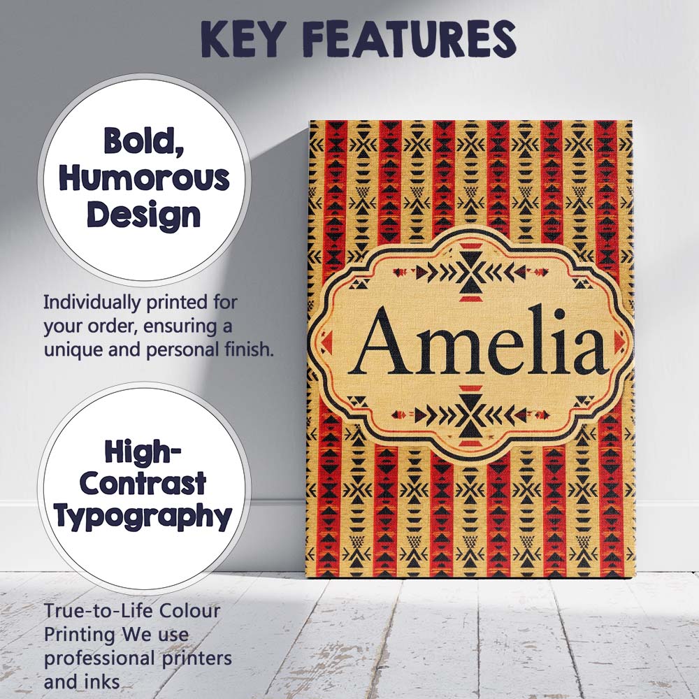 Personalised Name Tribal Red Black Geometric Custom Bespoke  Contemporary Display Canvas Wall Art Print Decor Picture Ready to Hang