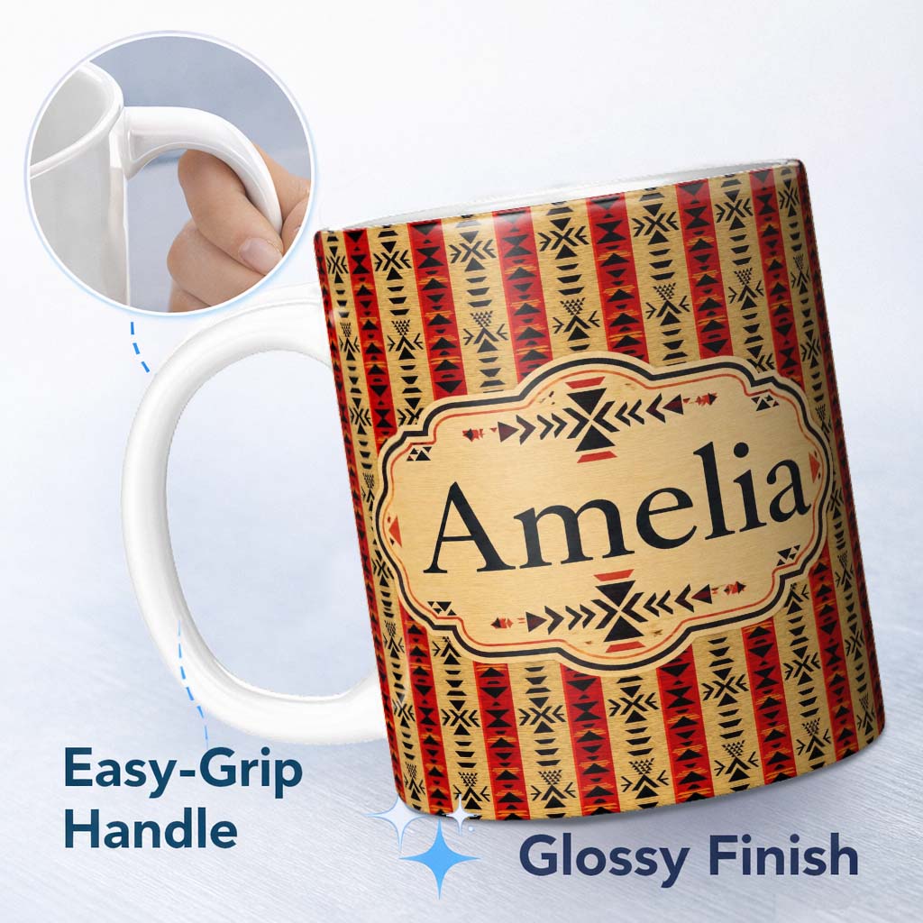 Personalized Custom Name Tribal Red Black Geometric Stripe Ethnic Seamless Pattern Custom 11oz Ceramic Coffee Tea Mug White Large Handle