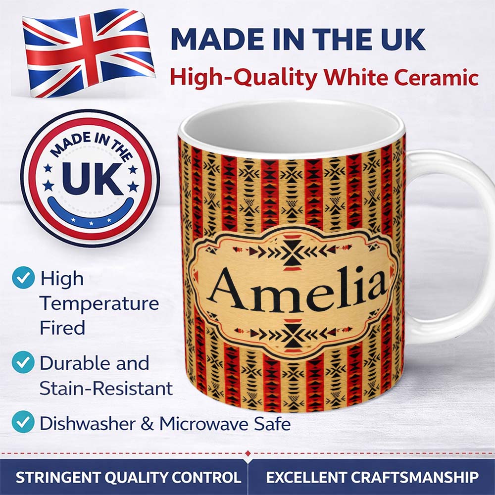 Personalized Custom Name Tribal Red Black Geometric Stripe Ethnic Seamless Pattern Custom 11oz Ceramic Coffee Tea Mug White Large Handle