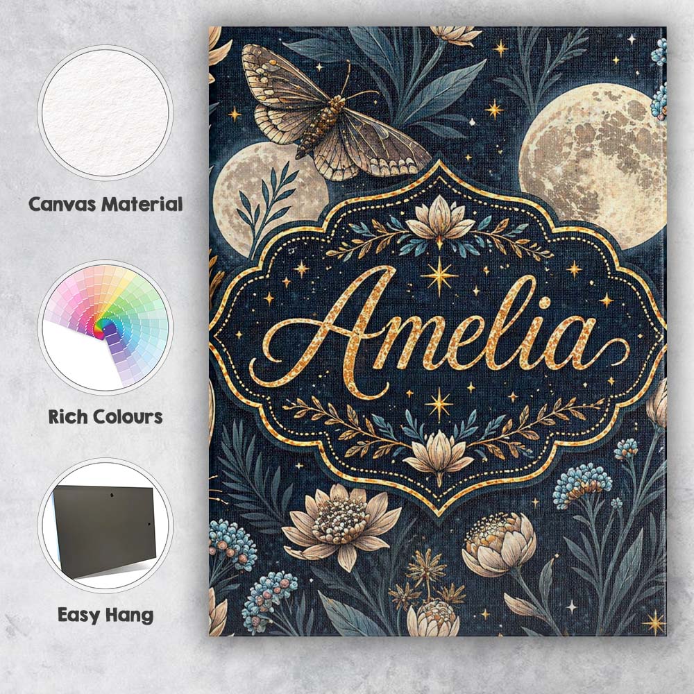 Personalised Name Celestial Moth Full Moon Floral Night Seamless Custom  Interior Canvas Wall Art Print Decor Picture Ready to Hang