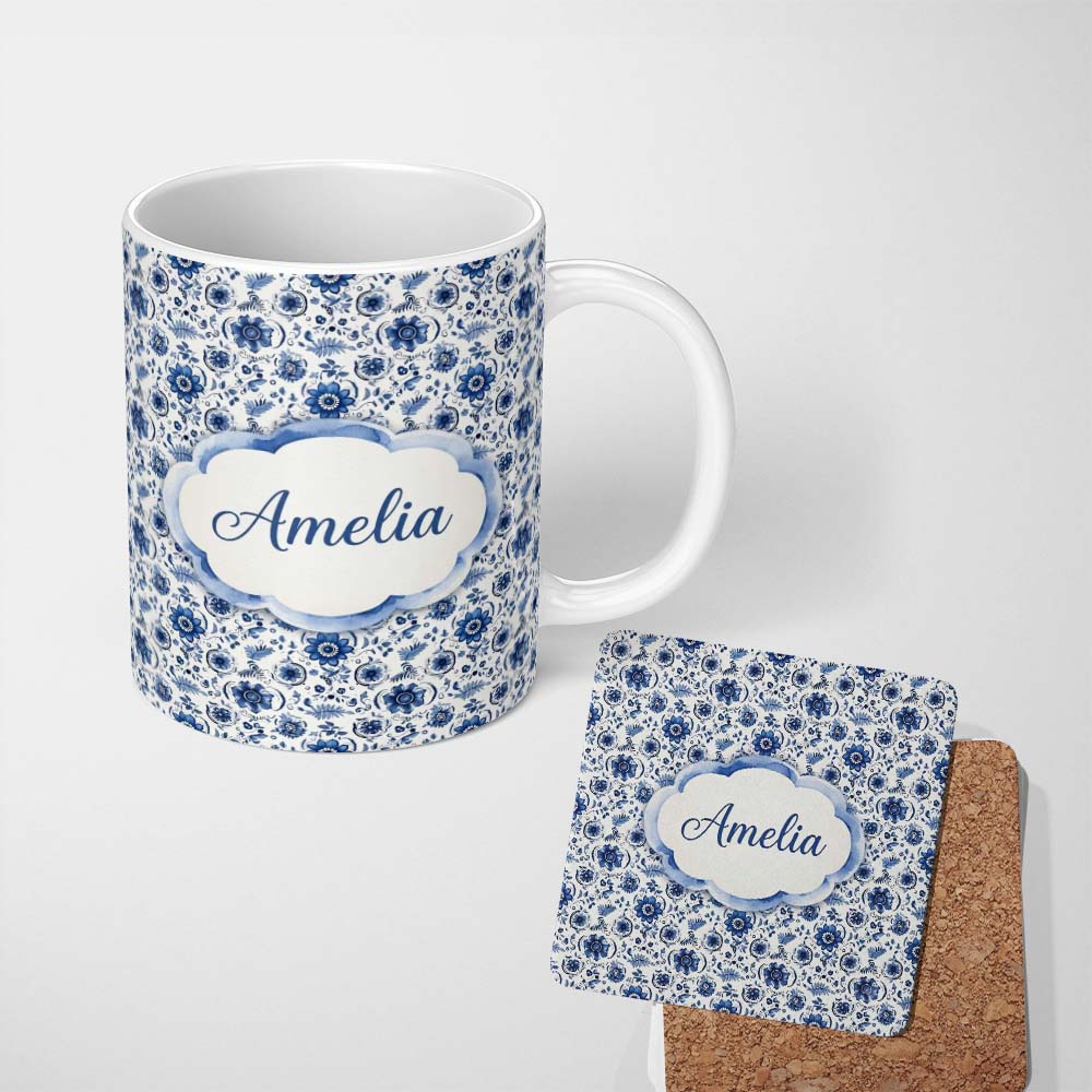 Personalized Custom Name Blue Floral Folk Art Botanical Seamless Pattern Name Cute Unique 11oz Ceramic Coffee Tea Mug White Large Handle