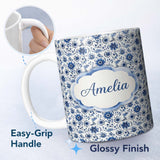 Personalized Custom Name Blue Floral Folk Art Botanical Seamless Pattern Name Cute Unique 11oz Ceramic Coffee Tea Mug White Large Handle