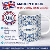 Personalized Custom Name Blue Floral Folk Art Botanical Seamless Pattern Name Cute Unique 11oz Ceramic Coffee Tea Mug White Large Handle