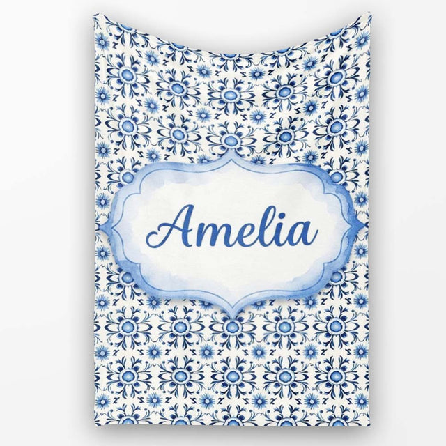 Blue Tile Floral Vintage Repeat Seamless Pattern Name Cute Unique  Personalised Custom Name Super Soft Fleece Blanket Bed Sofa Throw