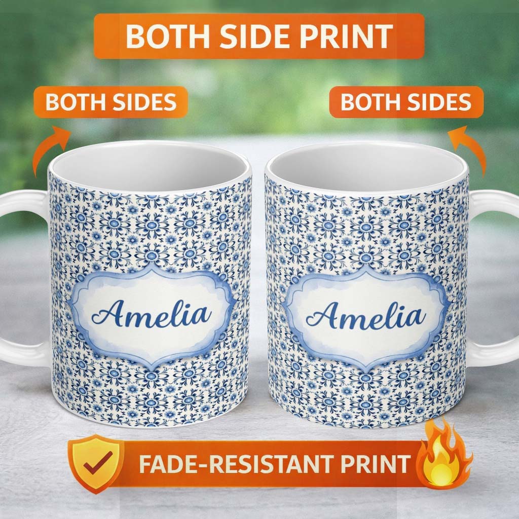 Personalized Custom Name Blue Tile Floral Vintage Repeat Seamless Pattern Name Cute Unique 11oz Ceramic Coffee Tea Mug White Large Handle