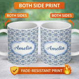 Personalized Custom Name Blue Tile Floral Vintage Repeat Seamless Pattern Name Cute Unique 11oz Ceramic Coffee Tea Mug White Large Handle