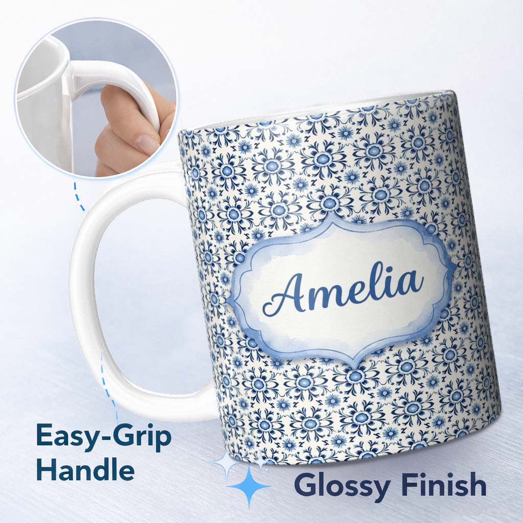Personalized Custom Name Blue Tile Floral Vintage Repeat Seamless Pattern Name Cute Unique 11oz Ceramic Coffee Tea Mug White Large Handle