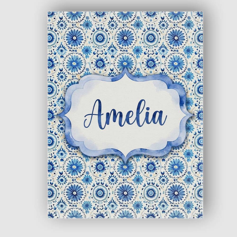 Personalised Name Blue Circular Floral Custom  Modern Room Accent Elegant Feature Canvas Wall Art Print Decor Picture Ready to Hang
