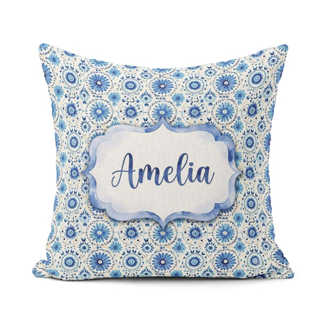 Custom Name Blue Circular Floral Mandala Seamless Pattern Cute Square Filled Cushion Throw Pillow Sofa Bed Home Decor Zip Washable UK Made