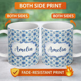 Personalized Custom Name Blue Circular Floral Mandala Seamless Pattern Custom Name Cute 11oz Ceramic Coffee Tea Mug White Large Handle
