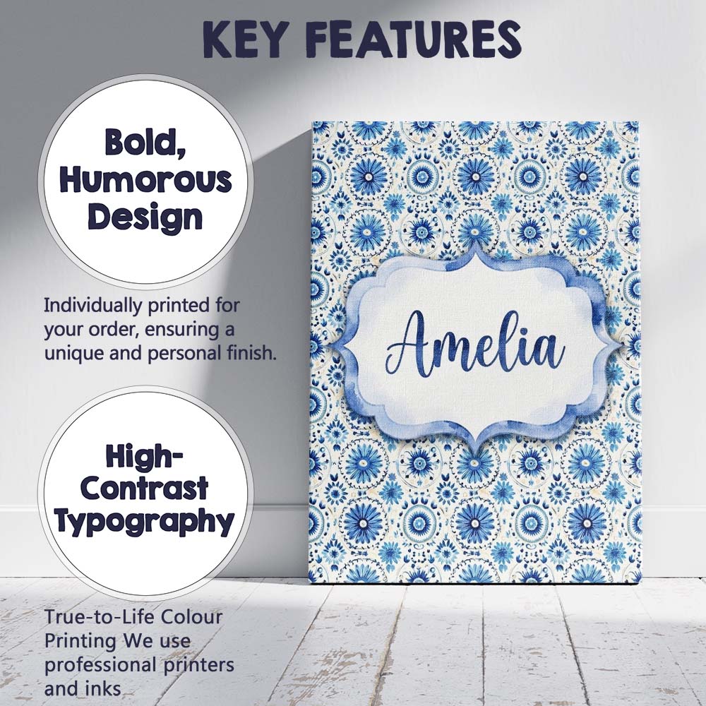 Personalised Name Blue Circular Floral Custom  Modern Room Accent Elegant Feature Canvas Wall Art Print Decor Picture Ready to Hang