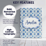 Personalised Name Blue Circular Floral Custom  Modern Room Accent Elegant Feature Canvas Wall Art Print Decor Picture Ready to Hang