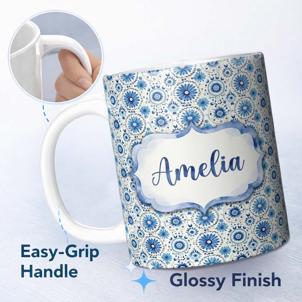 Personalized Custom Name Blue Circular Floral Mandala Seamless Pattern Custom Name Cute 11oz Ceramic Coffee Tea Mug White Large Handle