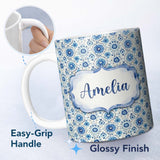 Personalized Custom Name Blue Circular Floral Mandala Seamless Pattern Custom Name Cute 11oz Ceramic Coffee Tea Mug White Large Handle