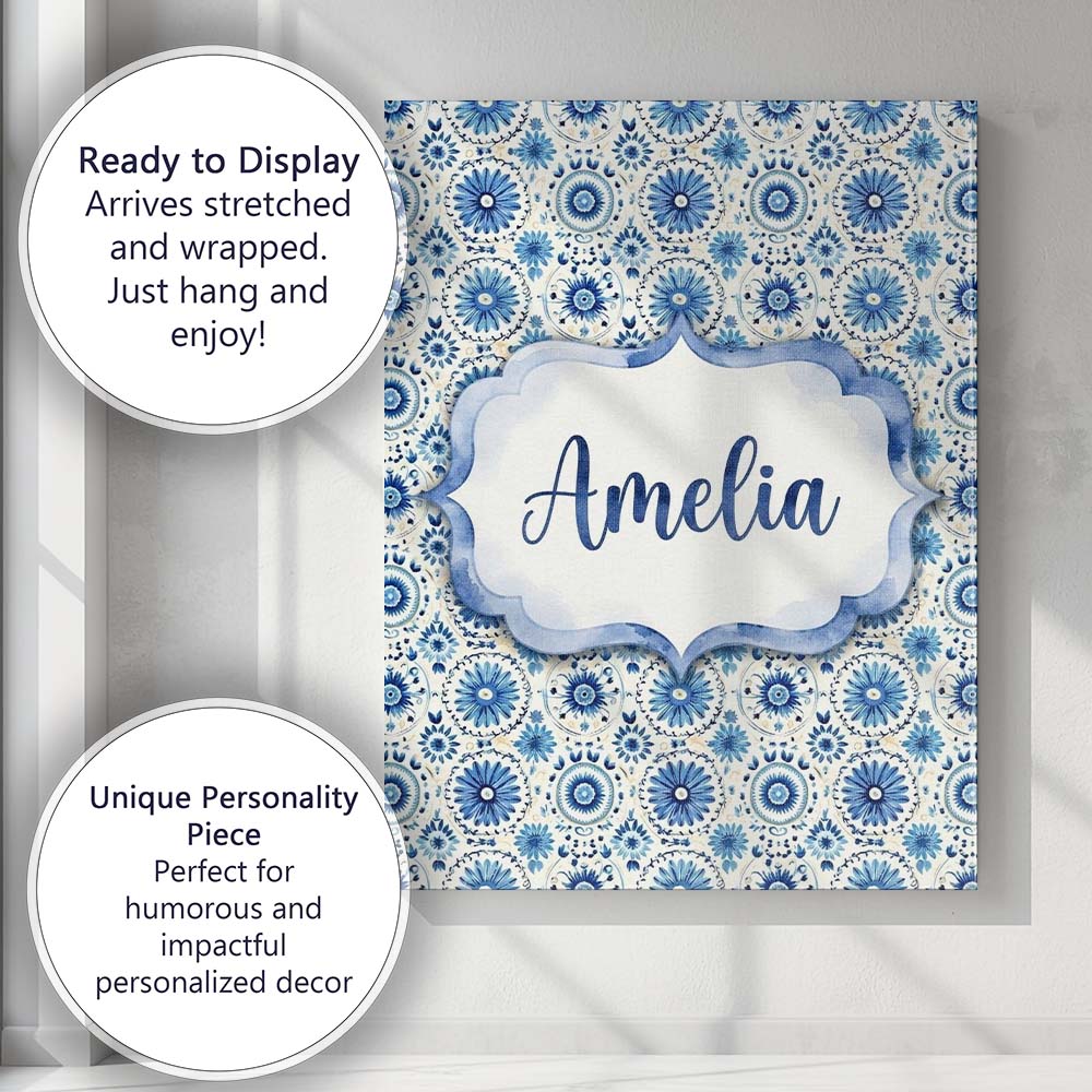 Personalised Name Blue Circular Floral Custom  Modern Room Accent Elegant Feature Canvas Wall Art Print Decor Picture Ready to Hang