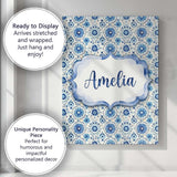 Personalised Name Blue Circular Floral Custom  Modern Room Accent Elegant Feature Canvas Wall Art Print Decor Picture Ready to Hang
