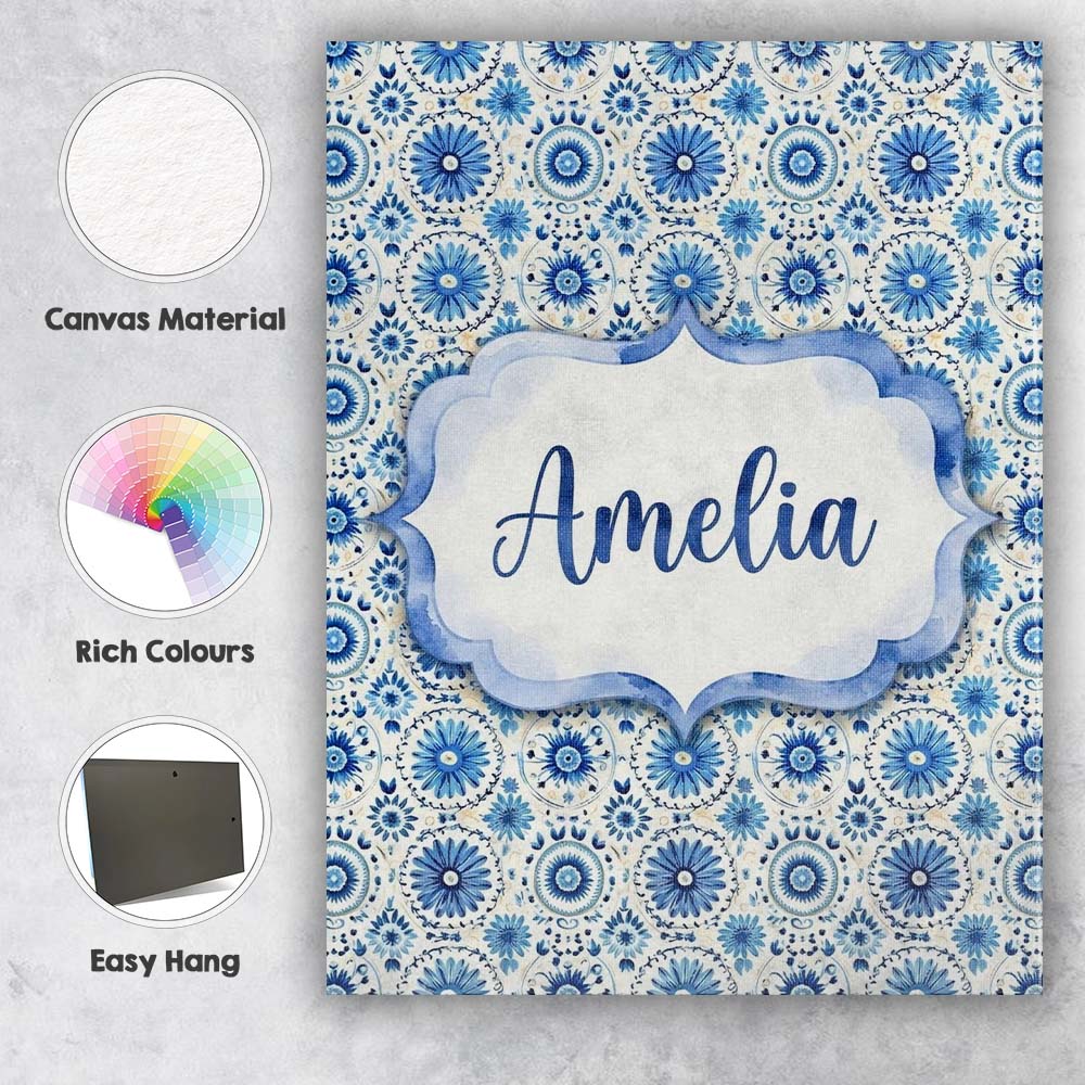 Personalised Name Blue Circular Floral Custom  Modern Room Accent Elegant Feature Canvas Wall Art Print Decor Picture Ready to Hang