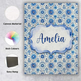 Personalised Name Blue Circular Floral Custom  Modern Room Accent Elegant Feature Canvas Wall Art Print Decor Picture Ready to Hang