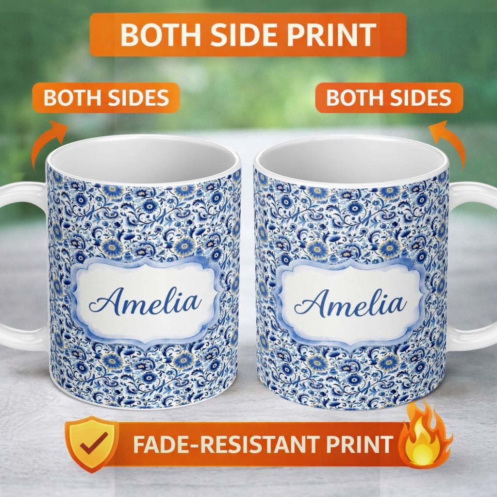 Personalized Custom Name Blue Floral Vintage Folk Art Seamless Pattern Custom Name Cute 11oz Ceramic Coffee Tea Mug White Large Handle