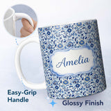 Personalized Custom Name Blue Floral Vintage Folk Art Seamless Pattern Custom Name Cute 11oz Ceramic Coffee Tea Mug White Large Handle