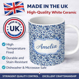 Personalized Custom Name Blue Floral Vintage Folk Art Seamless Pattern Custom Name Cute 11oz Ceramic Coffee Tea Mug White Large Handle