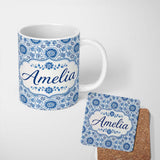 Personalized Custom Name Blue Daisy Floral Repeat Seamless Pattern Name Cute Unique Gift 11oz Ceramic Coffee Tea Mug White Large Handle