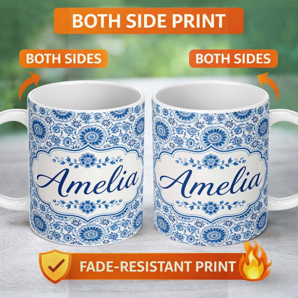 Personalized Custom Name Blue Daisy Floral Repeat Seamless Pattern Name Cute Unique Gift 11oz Ceramic Coffee Tea Mug White Large Handle