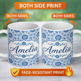Personalized Custom Name Blue Daisy Floral Repeat Seamless Pattern Name Cute Unique Gift 11oz Ceramic Coffee Tea Mug White Large Handle