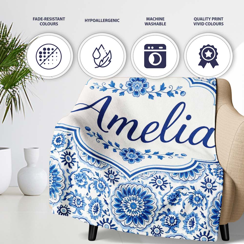 Blue Daisy Floral Repeat Seamless Pattern Name Cute Unique Gift  Personalised Custom Name Super Soft Fleece Blanket Bed Sofa Throw