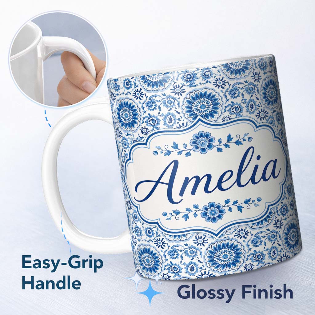 Personalized Custom Name Blue Daisy Floral Repeat Seamless Pattern Name Cute Unique Gift 11oz Ceramic Coffee Tea Mug White Large Handle