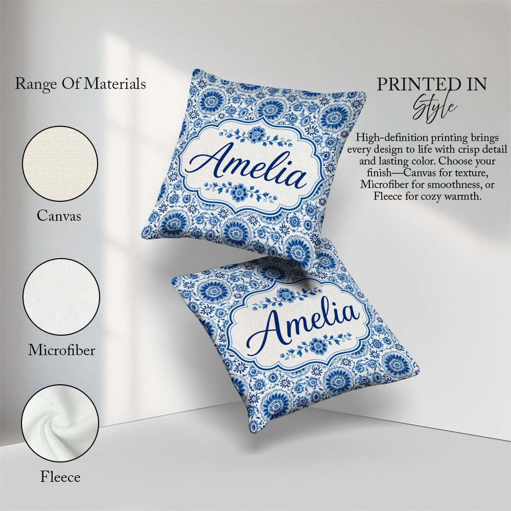 Custom Name Blue Daisy Floral Repeat Seamless Pattern Name Cute Square Filled Cushion Throw Pillow Sofa Bed Home Decor Zip Washable UK Made