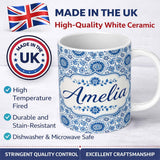 Personalized Custom Name Blue Daisy Floral Repeat Seamless Pattern Name Cute Unique Gift 11oz Ceramic Coffee Tea Mug White Large Handle
