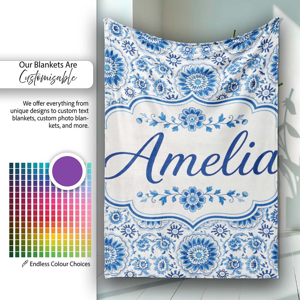 Blue Daisy Floral Repeat Seamless Pattern Name Cute Unique Gift  Personalised Custom Name Super Soft Fleece Blanket Bed Sofa Throw