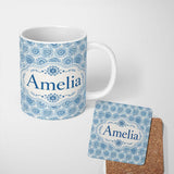 Personalized Custom Name Blue Mandala Medallion Tile Seamless Pattern Name Cute Unique Gift 11oz Ceramic Coffee Tea Mug White Large Handle