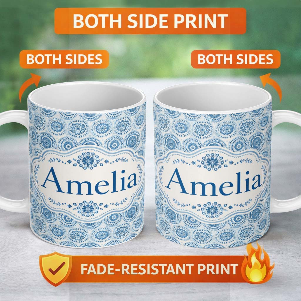 Personalized Custom Name Blue Mandala Medallion Tile Seamless Pattern Name Cute Unique Gift 11oz Ceramic Coffee Tea Mug White Large Handle