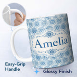 Personalized Custom Name Blue Mandala Medallion Tile Seamless Pattern Name Cute Unique Gift 11oz Ceramic Coffee Tea Mug White Large Handle