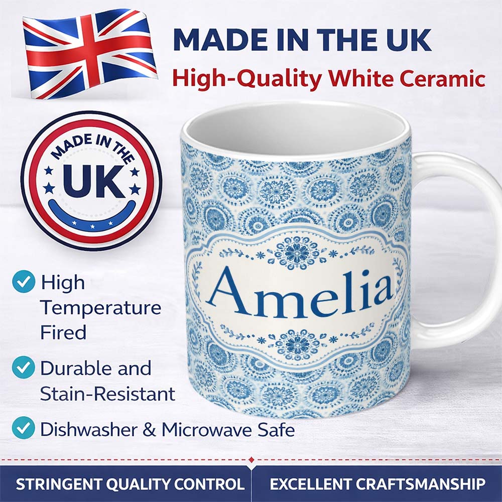 Personalized Custom Name Blue Mandala Medallion Tile Seamless Pattern Name Cute Unique Gift 11oz Ceramic Coffee Tea Mug White Large Handle