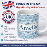 Personalized Custom Name Blue Mandala Medallion Tile Seamless Pattern Name Cute Unique Gift 11oz Ceramic Coffee Tea Mug White Large Handle