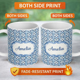 Personalized Custom Name Blue Floral Abstract Botanical Seamless Pattern Name Cute Unique 11oz Ceramic Coffee Tea Mug White Large Handle