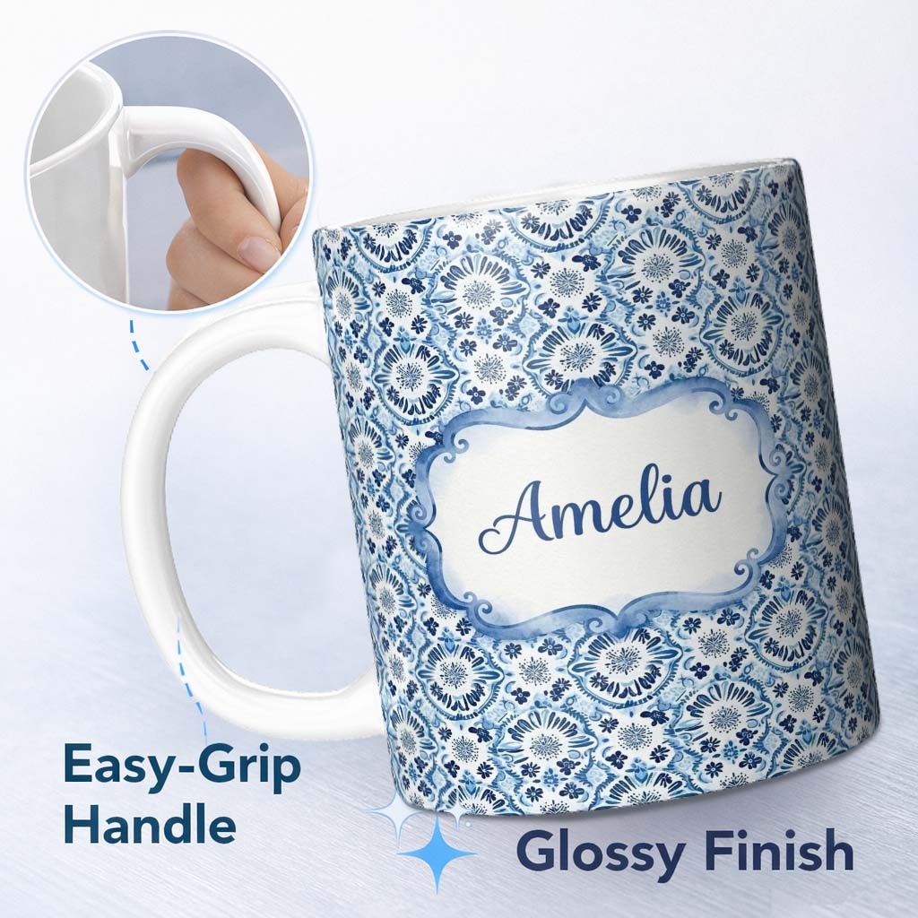 Personalized Custom Name Blue Floral Abstract Botanical Seamless Pattern Name Cute Unique 11oz Ceramic Coffee Tea Mug White Large Handle