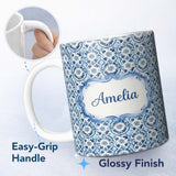 Personalized Custom Name Blue Floral Abstract Botanical Seamless Pattern Name Cute Unique 11oz Ceramic Coffee Tea Mug White Large Handle