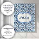 Personalised Name Blue Floral Abstract Custom  Modern Room Accent Elegant Feature Canvas Wall Art Print Decor Picture Ready to Hang