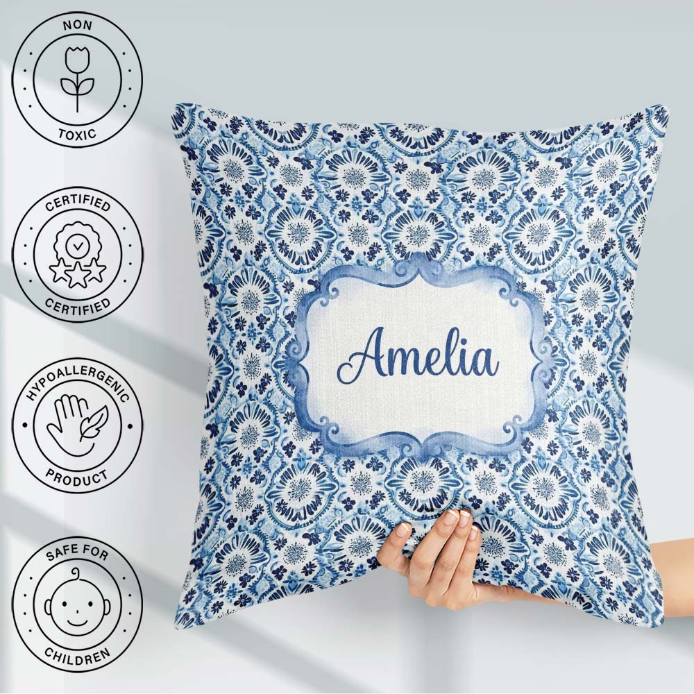Custom Name Blue Floral Abstract Botanical Seamless Pattern Name Square Filled Cushion Throw Pillow Sofa Bed Home Decor Zip Washable UK Made