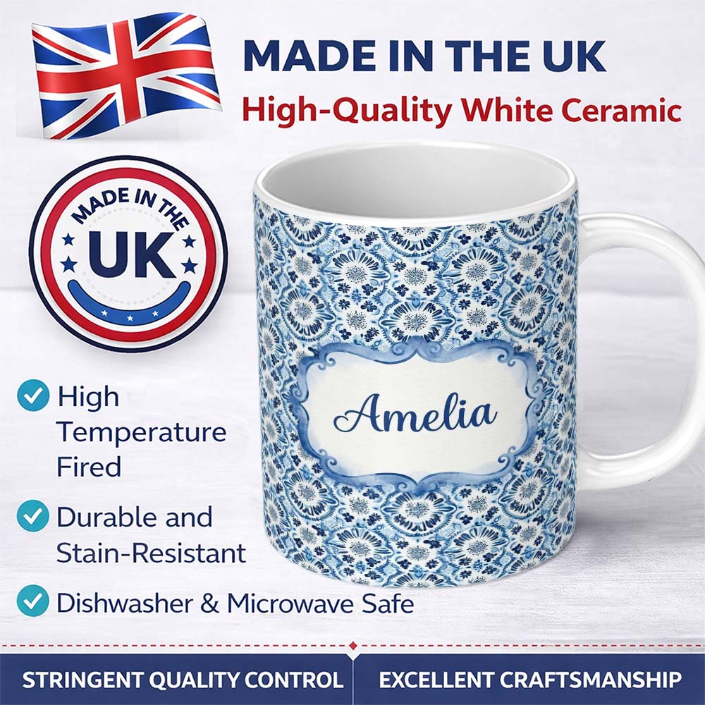 Personalized Custom Name Blue Floral Abstract Botanical Seamless Pattern Name Cute Unique 11oz Ceramic Coffee Tea Mug White Large Handle
