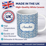 Personalized Custom Name Blue Floral Abstract Botanical Seamless Pattern Name Cute Unique 11oz Ceramic Coffee Tea Mug White Large Handle