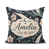 Custom Name Botanical Crescent Moon Floral Night Seamless Lovely Square Filled Cushion Throw Pillow Sofa Bed Home Decor Zip Washable UK Made
