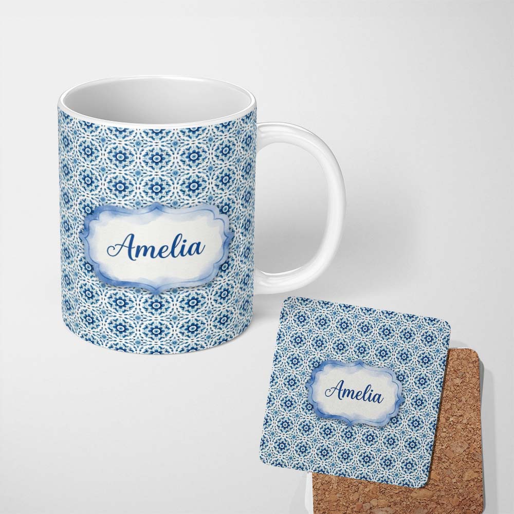 Personalized Custom Name Blue Geometric Tile Floral Repeat Seamless Pattern Name Cute Unique 11oz Ceramic Coffee Tea Mug White Large Handle