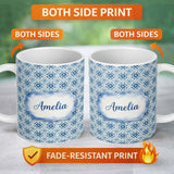 Personalized Custom Name Blue Geometric Tile Floral Repeat Seamless Pattern Name Cute Unique 11oz Ceramic Coffee Tea Mug White Large Handle