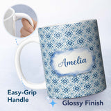 Personalized Custom Name Blue Geometric Tile Floral Repeat Seamless Pattern Name Cute Unique 11oz Ceramic Coffee Tea Mug White Large Handle