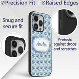 Blue Geometric Tile Floral Repeat Printed Design Custom Name Protective Phone Case Mobile Cover Durable Everyday Smartphone Shock Resistant